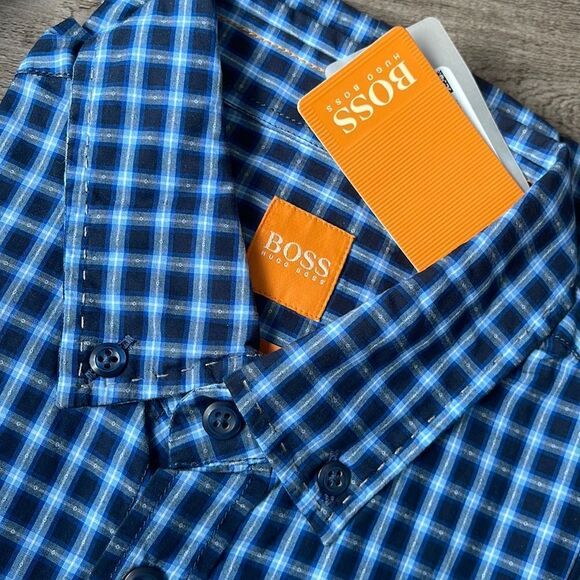 Men's Boss Orange Trim Fit Plaid Shirt, Size Medium - Blue - Picture 2 of 3